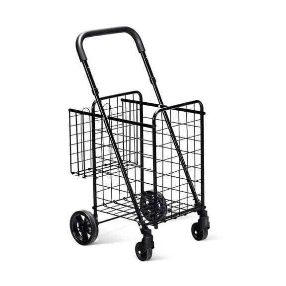 RUIE Folding Shopping Cart with Adjustable Handle, Rolling Grocery Trolley Basket with Wheels for Laundry Groceries, Black