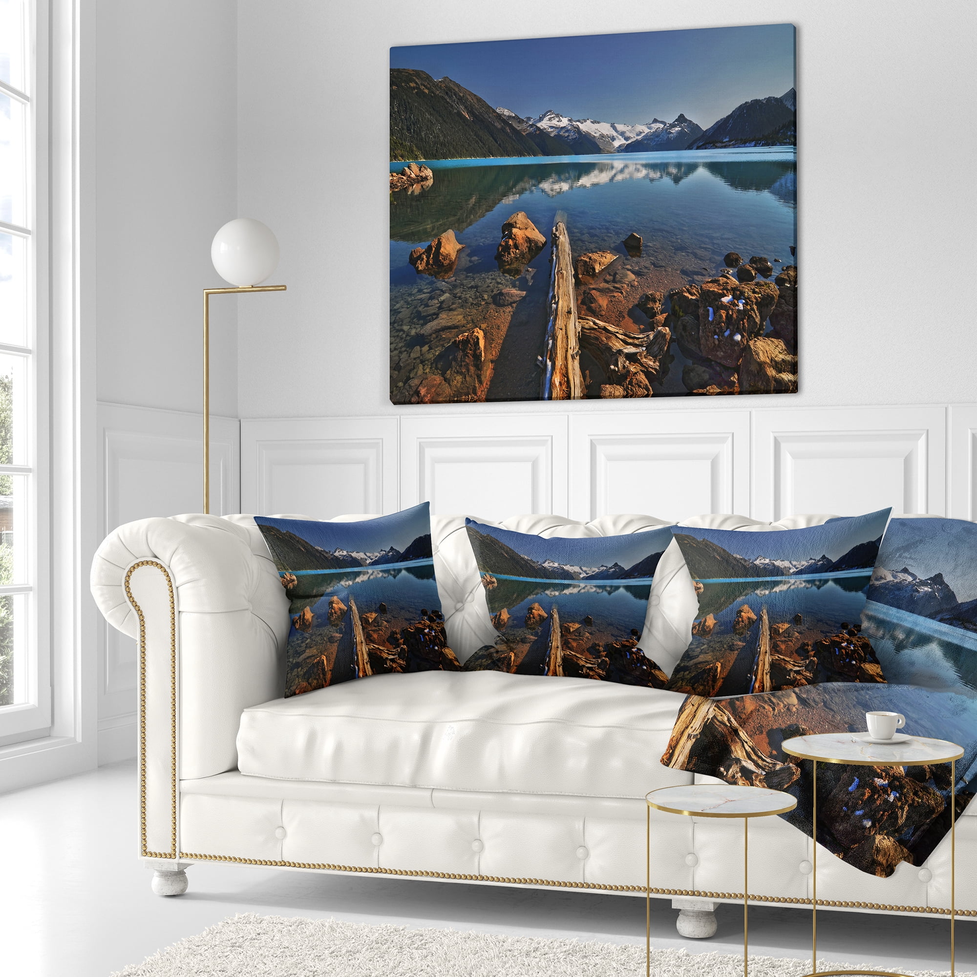 Designart Large Logs in Mountain Lake - Landscape Printed Throw Pillow - 16x16