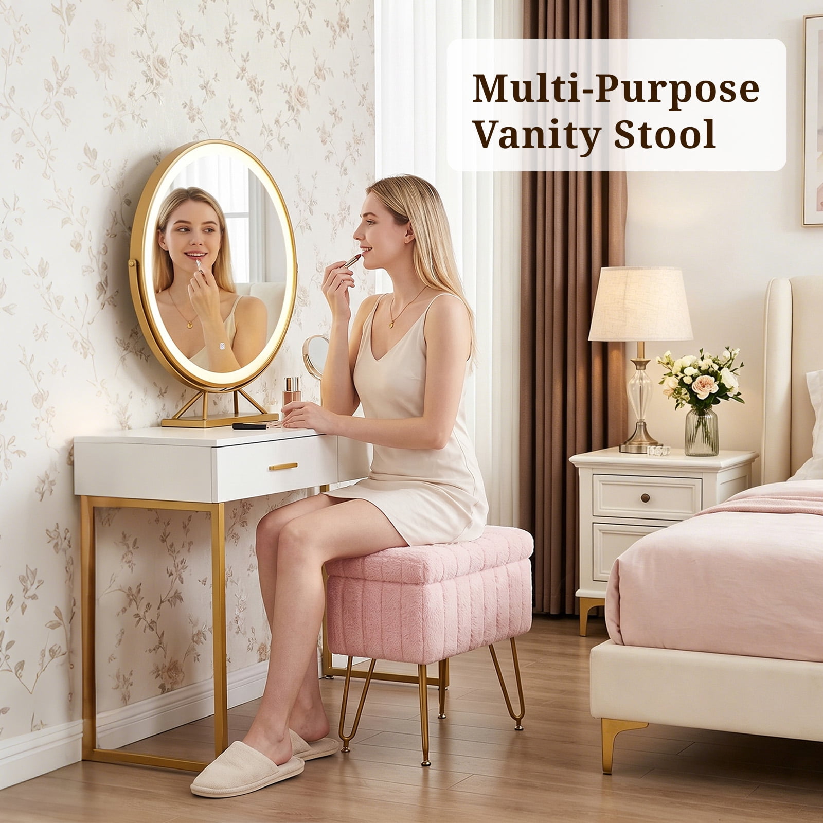 Casabay Vanity Stool Chair with Storage, Faux Fur Footstool Ottoman with Metal Legs & Anti-Slip Adjustable Feet for Bedroom, Entryway