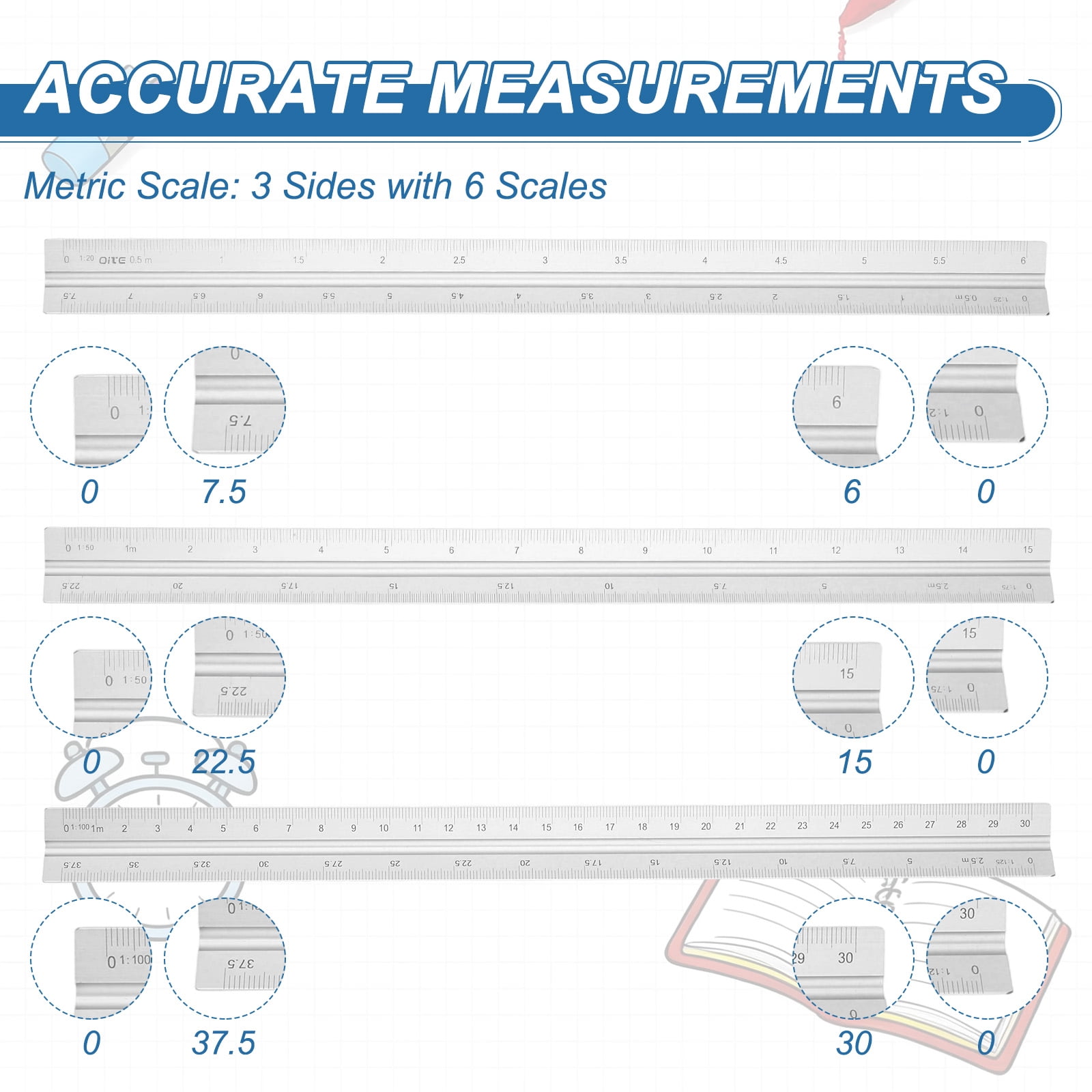 Uxcell 2Pcs Metric Engineer Scale Ruler, (13 Inch, Silver) Architectural Scale Ruler Aluminum Triangular Civil Drafting Tool for Architect Blueprint Engineering Office Supplies
