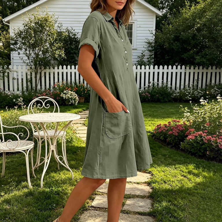 Cotton Linen Dresses for Women Casual V Neck Short Sleeve Midi Dress Flowy Casual Beach Midi Dresses with Pockets (Grey S)