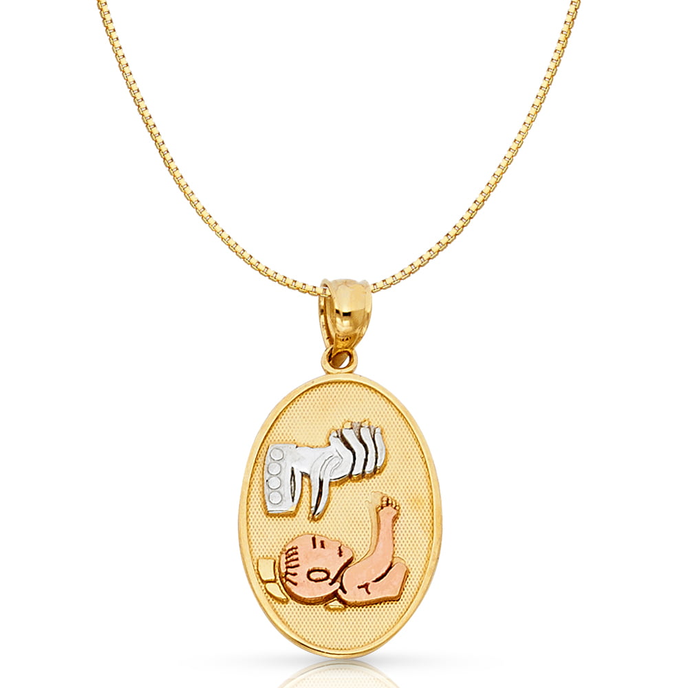 14K Tri Color Gold Baptism Religious Charm Pendant with 0.8mm Box Chain Necklace