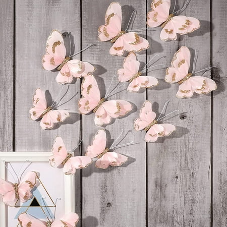 16 Pièces Stickers Muraux Papillon 3D Décorations Murales Papillon Double  Plume pour Chambre de Filles Bureaux Salle de Classe Enfants Salle de Bain  Toutes les Pièces (Rose avec Or) Rose avec Or 
