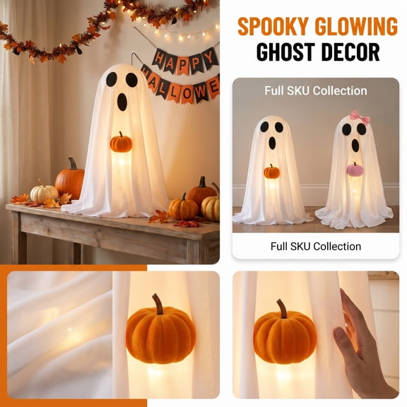 Halloween Decorations, Ghost Halloween Decor, Halloween Pumpkin Decorations, Indoor Halloween Decor, 20 Inch Standing Lighted Ghost Ornament with Bow Detail, Holding Soft Plush