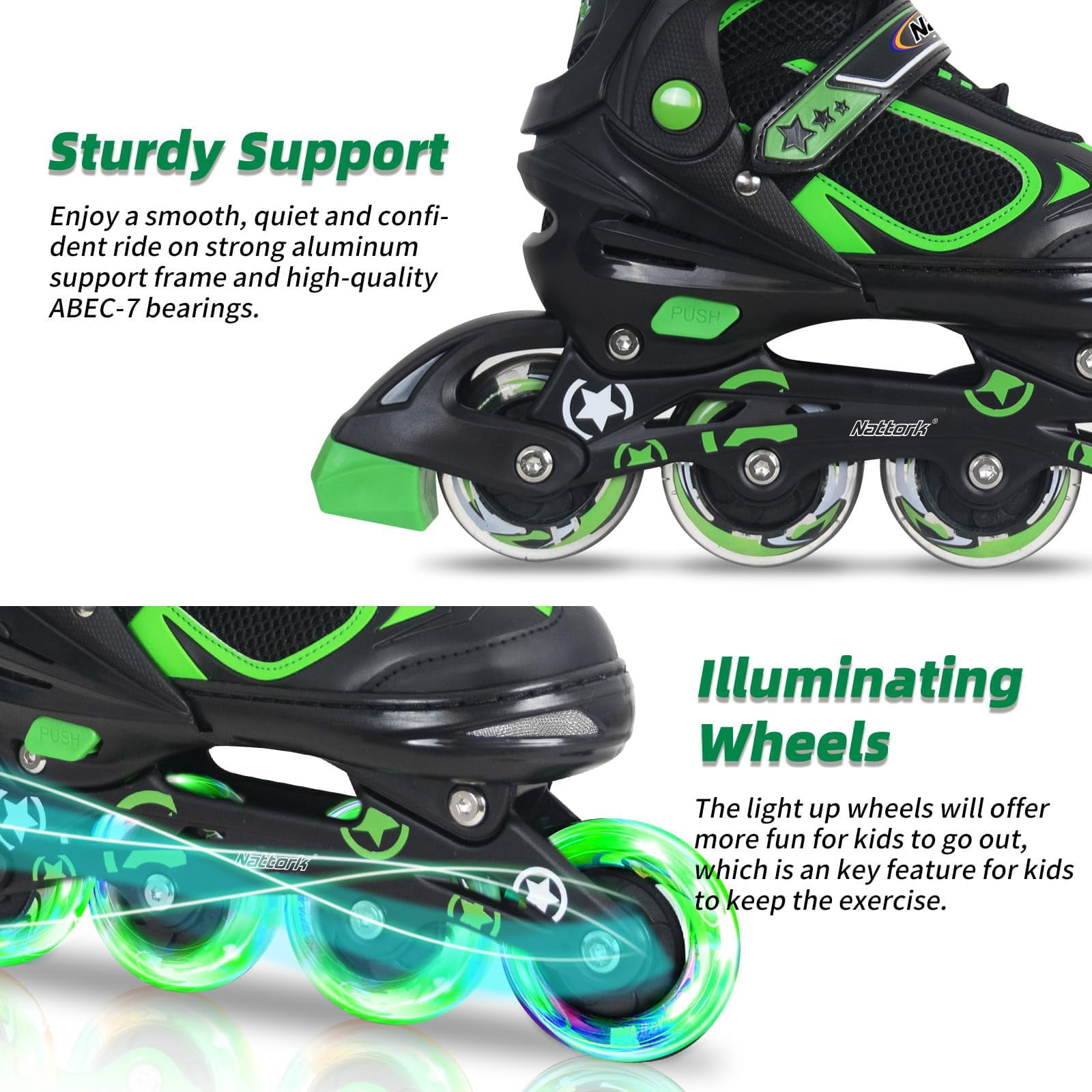 MammyGol Adjustable Inline Skates with Light-Up Wheels for Boys Girls Outdoor Sports, Comfort Youth Kids Skates Green 9-12