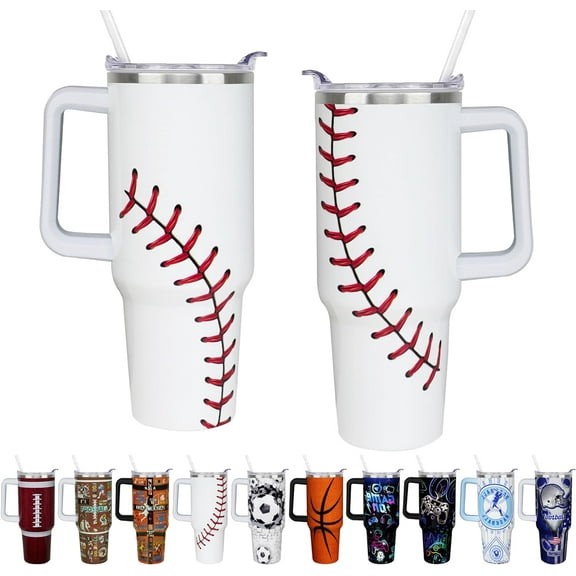 40 oz Baseball Themed Gifts Tumbler for Men with Handle Straw Lid 40oz Baseball Lover Gift Double Stainless Steel Insulated Cup Baseball Travel Coffee Mug Gifts for Boys who Love Baseball