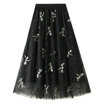 Lu's Chic Women's Tulle Skirt Midi Tutu Skirts High Waisted Printed Elastic Waist A-line Tea-length Mesh Pleated Formal Prom Party Calf Length Black One Size