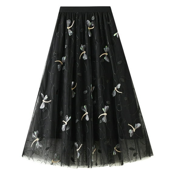 Lu's Chic Women's Tulle Skirt Midi Tutu Skirts High Waisted Printed Elastic Waist A-line Tea-length Mesh Pleated Formal Prom Party Calf Length Black One Size