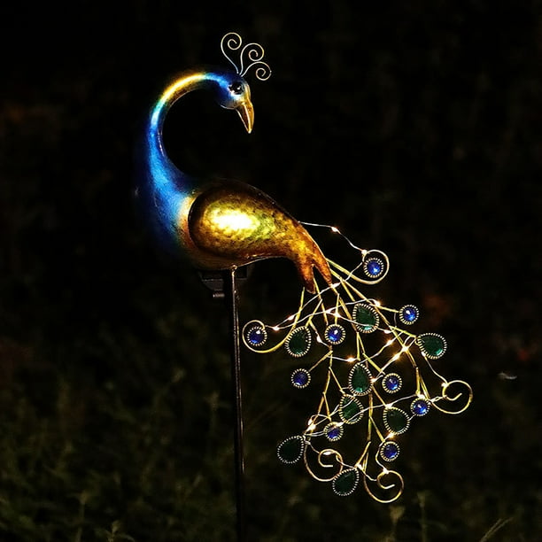 Lámpara solar de jardín con forma de pavo real | Luz LED decorativa para exteriores, ideal para patio, jardín o terraza | Diseño de hierro resistente a la intemperie con estaca