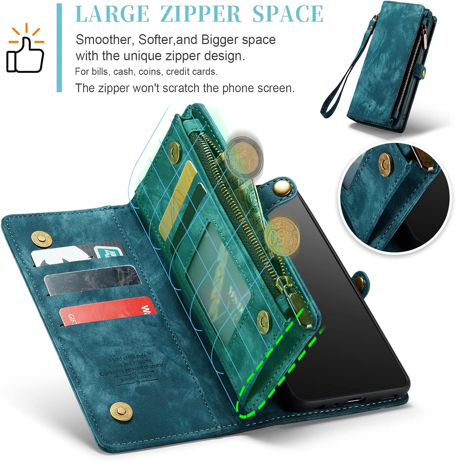Phone Case for Samsung Galaxy A13 5G Zipper Wallet Detachable Cover with Tempered Glass Screen Protector and Flip Card Holder Cell Accessories Gaxaly A 13 G5 2022 13A A135G SM A136U Men Blue