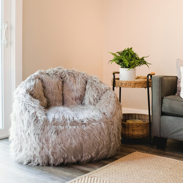 Big Joe Milano Bean Bag Chair, Gray Shag, Soft Faux Fur, feet