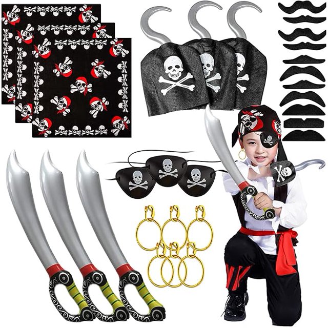 YANSION Disfraz Pirata Niño con Bandana de Capitán Pirata Parche de Ojo Pirata Espada Pirata Gancho Pendientes Bigote Pirata Accesorios Pirata para Carnaval Halloween y Fiesta Pirata