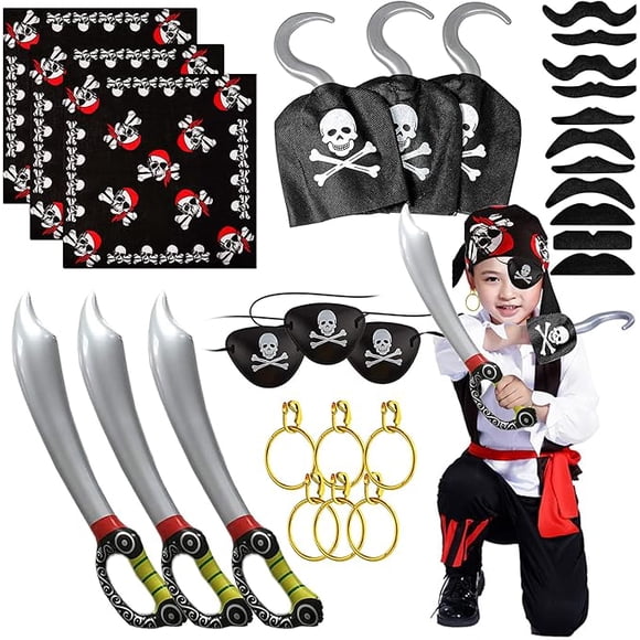 YANSION Disfraz Pirata Niño con Bandana de Capitán Pirata Parche de Ojo Pirata Espada Pirata Gancho Pendientes Bigote Pirata Accesorios Pirata para Carnaval Halloween y Fiesta Pirata