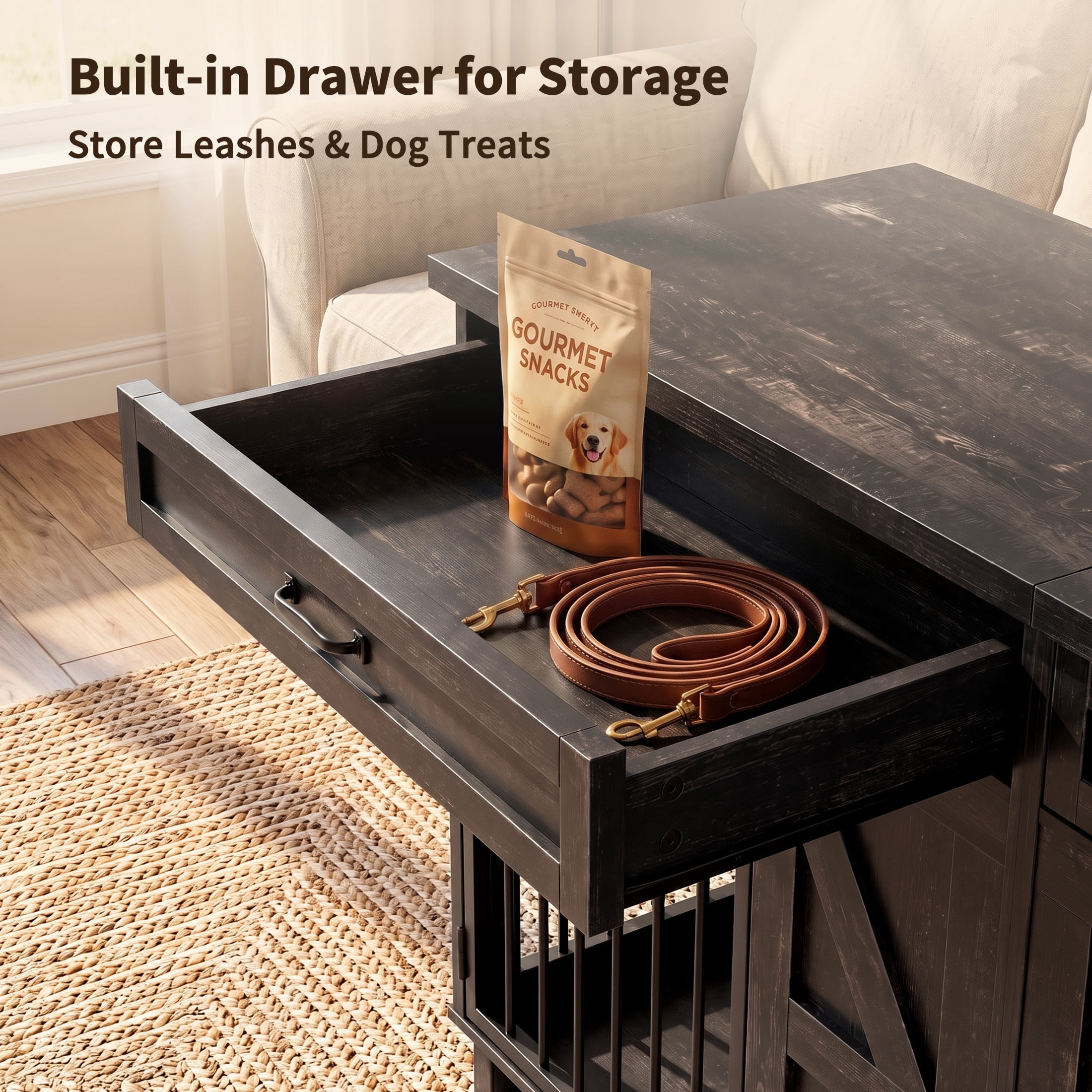 71" Wooden Dog Crate Furniture with Storage Top, Large Dog Cage for Home