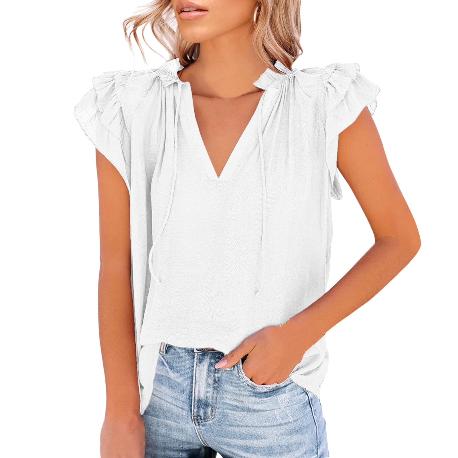 iOPQO shirts for women Womens Casual V Neck Tops Ruffle Flutter Shirt Cap Sleeve Blouse Women's