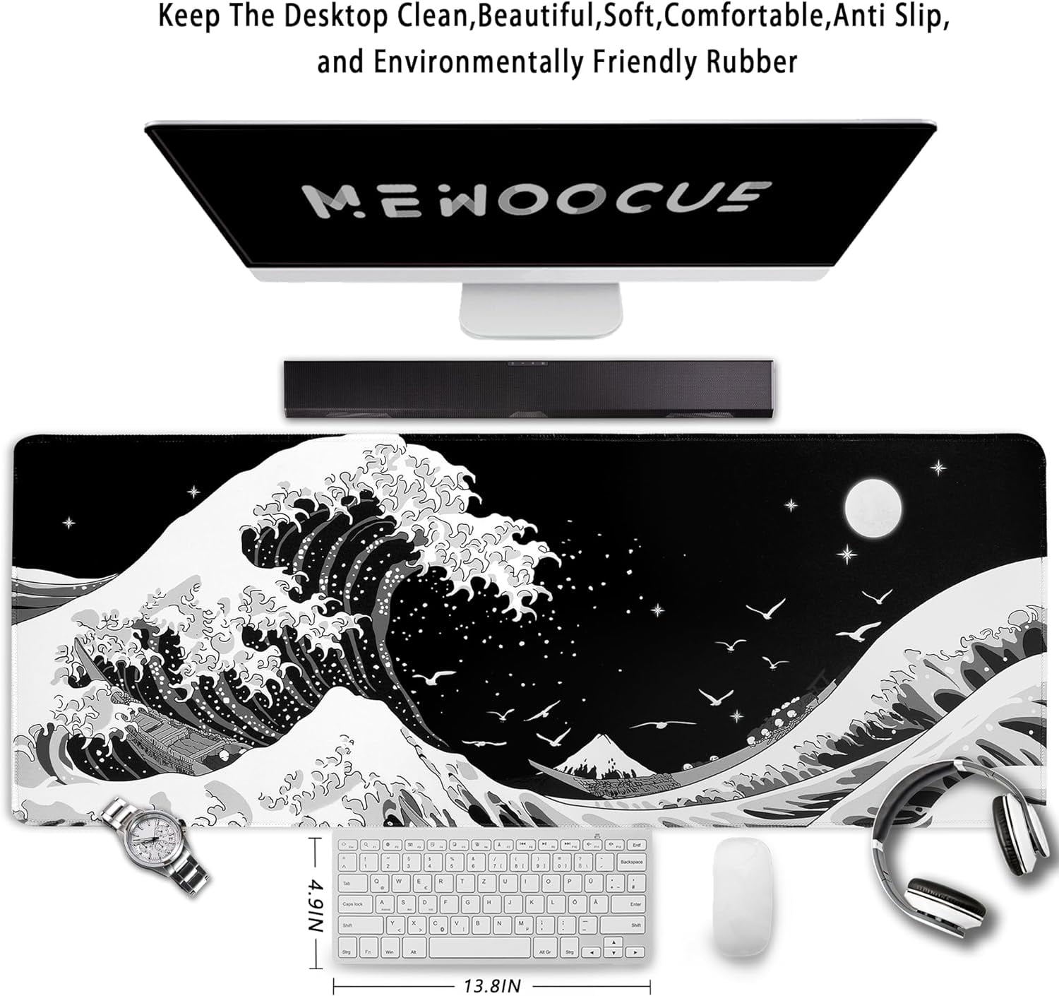 Black Gaming Laptop Mouse Pad,Sea Wave Big Mice Pads PC Keyboard Waterproof and Non-Slip 31.5" x 11.8" 0.12" Thick XL,XXL Rubber Table Mat, Kanagawa Surfing and Japanese Mouse Pads
