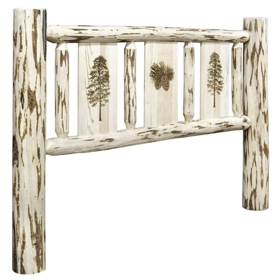 Montana Collection King Headboard w/ Laser Engraved Pine Design, Clear Lacquer Finish