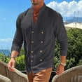 thumbnail image 6 of hoksml Men's Mandarin Collar Double Breasted Long Sleeve Linen Blend Shirt Breathable Loose Fit Casual Beach Button Down Shirt, 6 of 8