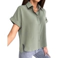 thumbnail image 4 of QAFOPEH Women Lapel Collar Short Sleeve Button High Low Hem Solid Color Top, 4 of 5
