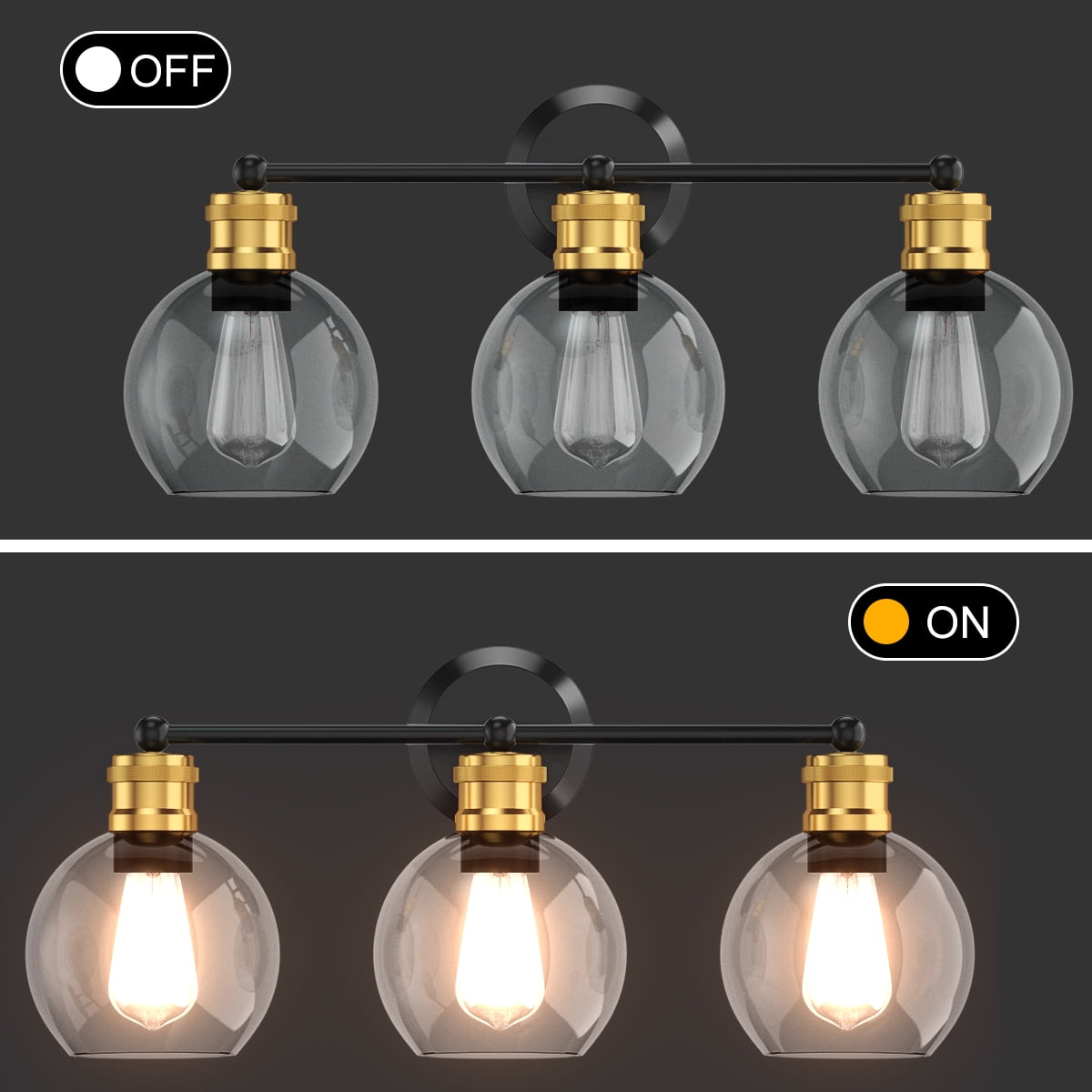 Costway 3-light Vanity Bathroom Light with 7 in Round Clear Glass Shade Vintage Wall Sconce