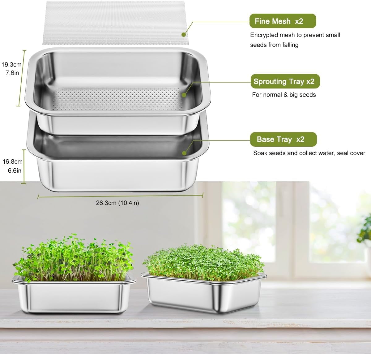 FANHAO 2-Pack Stainless Steel Plant Germination Trays, Indoors Plant Seedlings, Drainage Holes