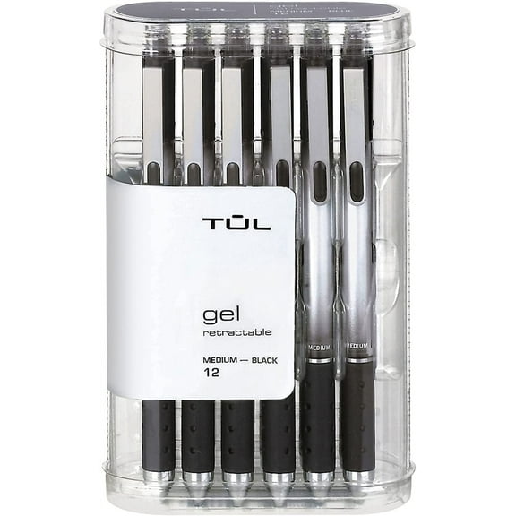 TUL Gel Pens, Retractable, Medium Point, 0.7 mm, Gray Barrel, Black Ink, Pack Of 12