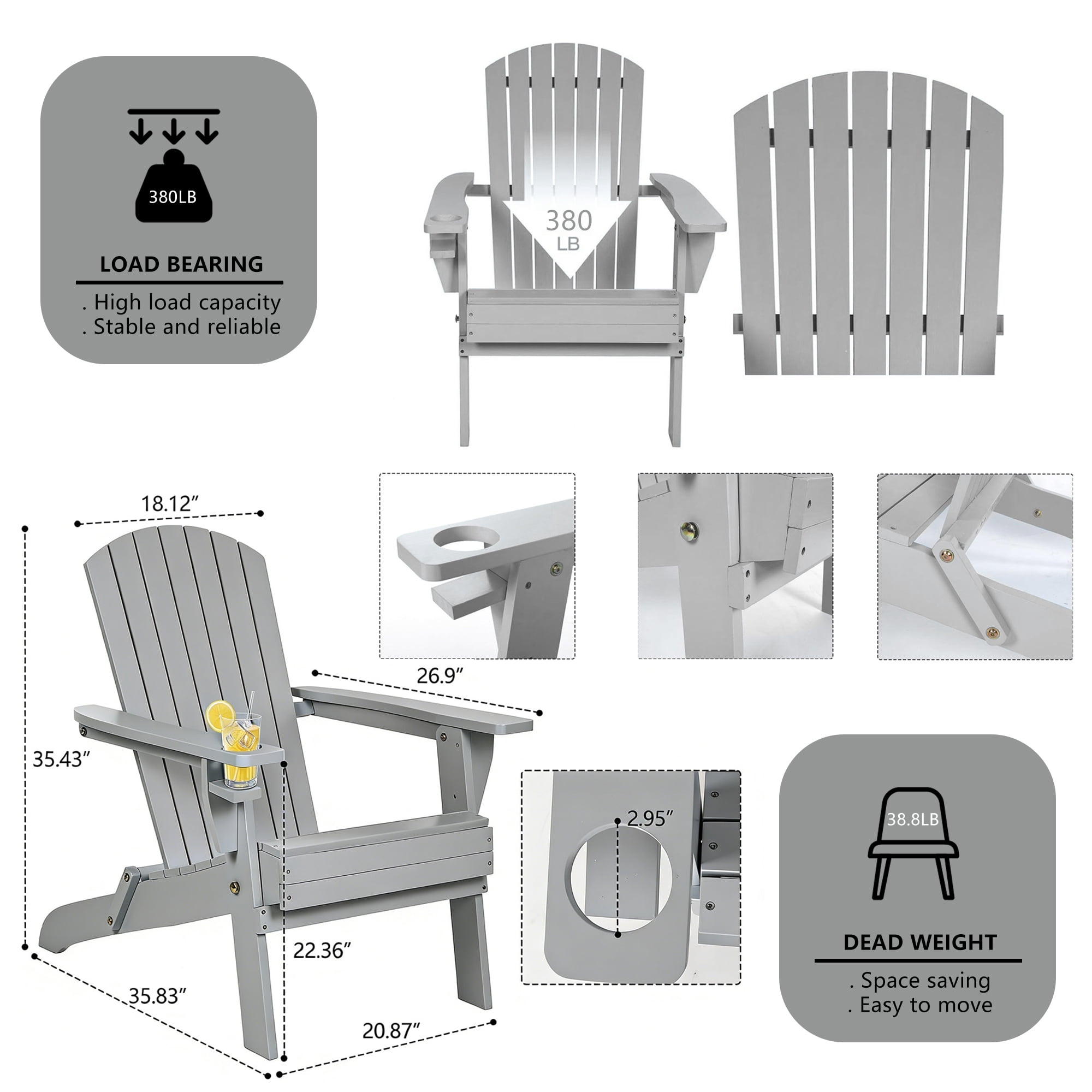 Nalwort Adirondack Chairs, Outdoor Wooden Lawn Chairs with Cup Holder, Patio Chair for Garden,Yard,Poolside,Backyard, 350lb Weight Capacity (Gray)
