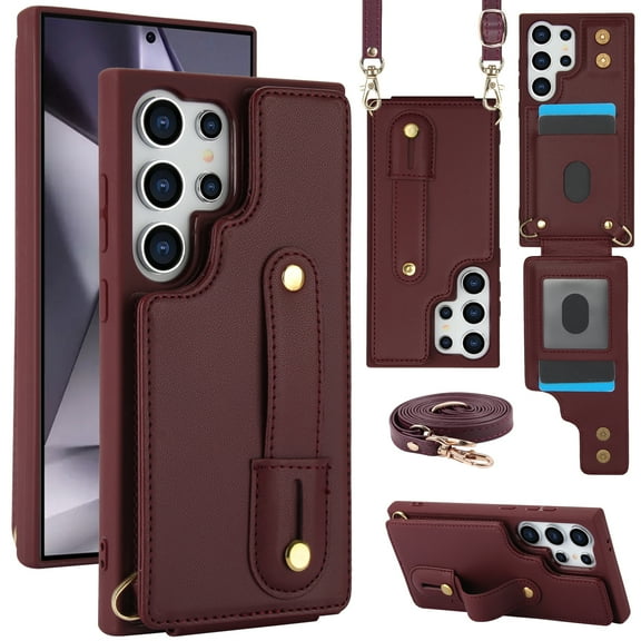 for Samsung Galaxy S24 Ultra Case with Card Holder Crossbody Lanyard Strap Leather Wallet Case with Magnetic Clasp Kickstand Heavy Duty Protective Back Flip Phone Cover for Women,Winered