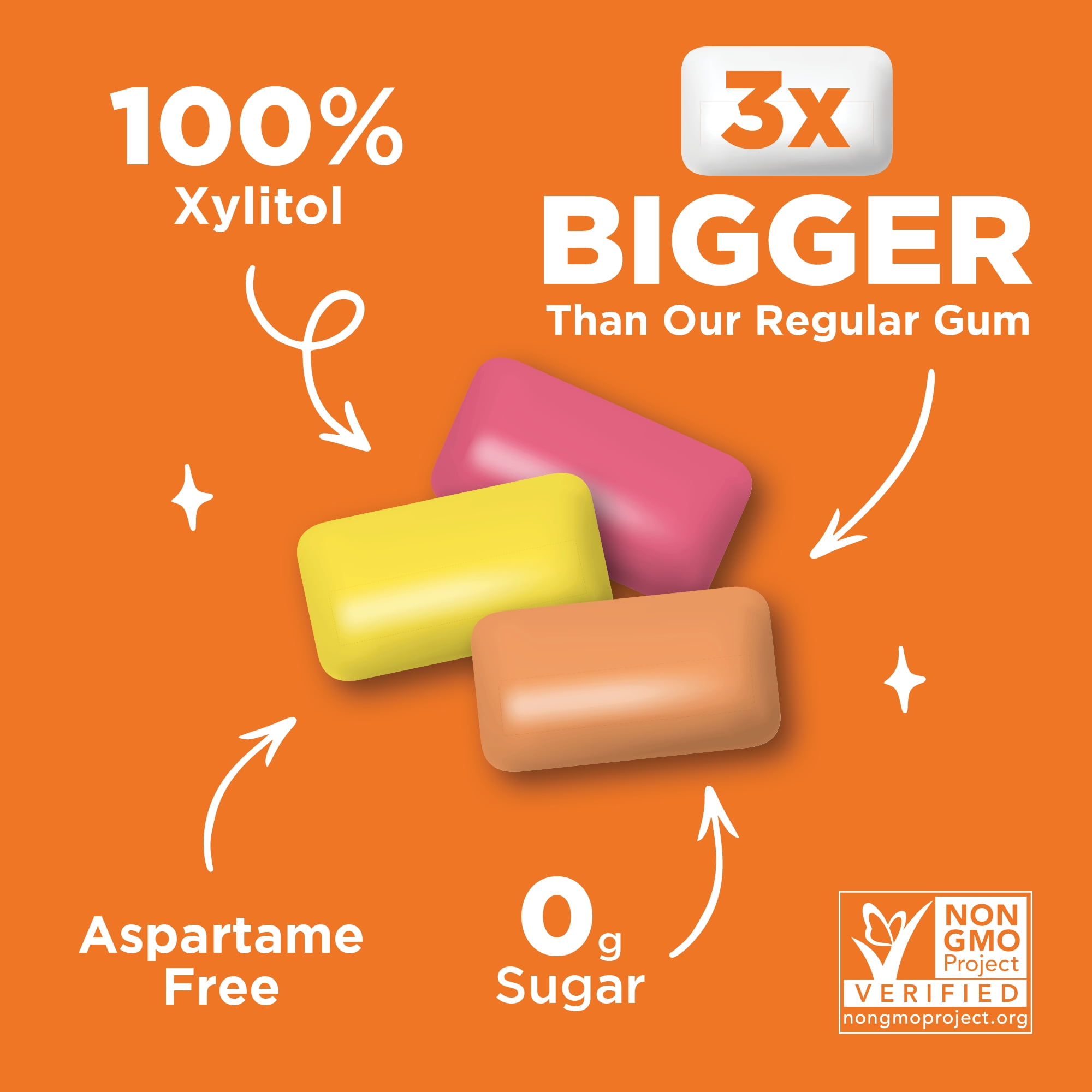 PUR Jumbo Gum, Aspartame Free, Sugar Free & 100% Xylitol, Natural Strawberry, Banana, Orange Flavor, 20 Pieces, Pack of 10