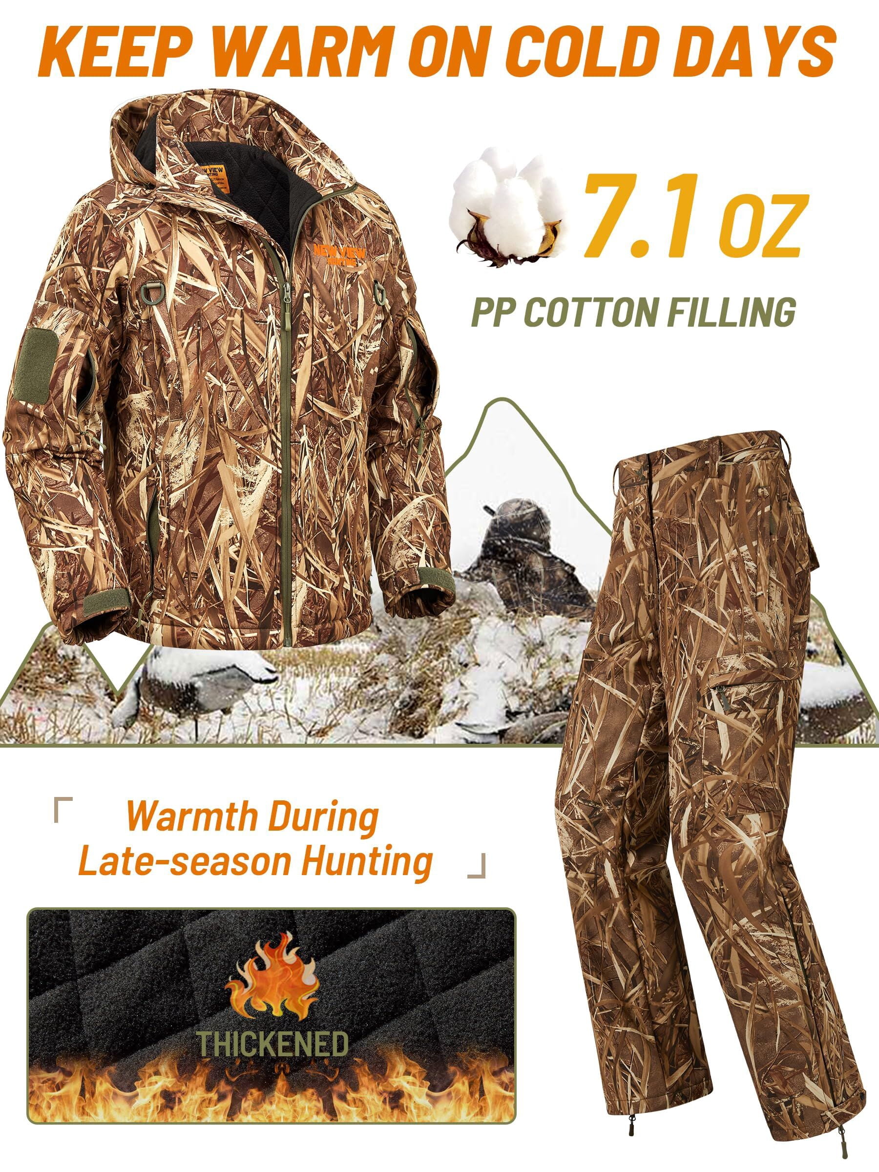 NEW VIEW Insulated Hunting Clothes for Men Cold Weather, Warm Camo Hunting Jacket and Pants, Hunting Suit for Deer Duck Hunts