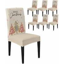 Chair Covers for Dining Room Set of 6,Merry Christmas Tree on Retro Linen Stretch Seat Protector Removable Washable Chairs Slipcovers for Kitchen Banquet Wedding Hotel,Beige Pink