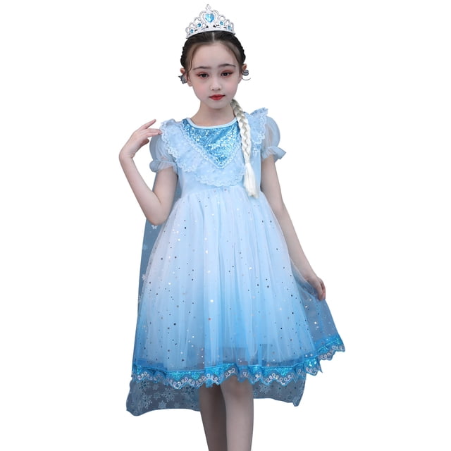 Elsa Robe pour Filles Enfants à Manches Courtes Robe de Fête à Paillettes Halloween Cosplay Costume de Princesse Robe d'Anniversaire Déguisement