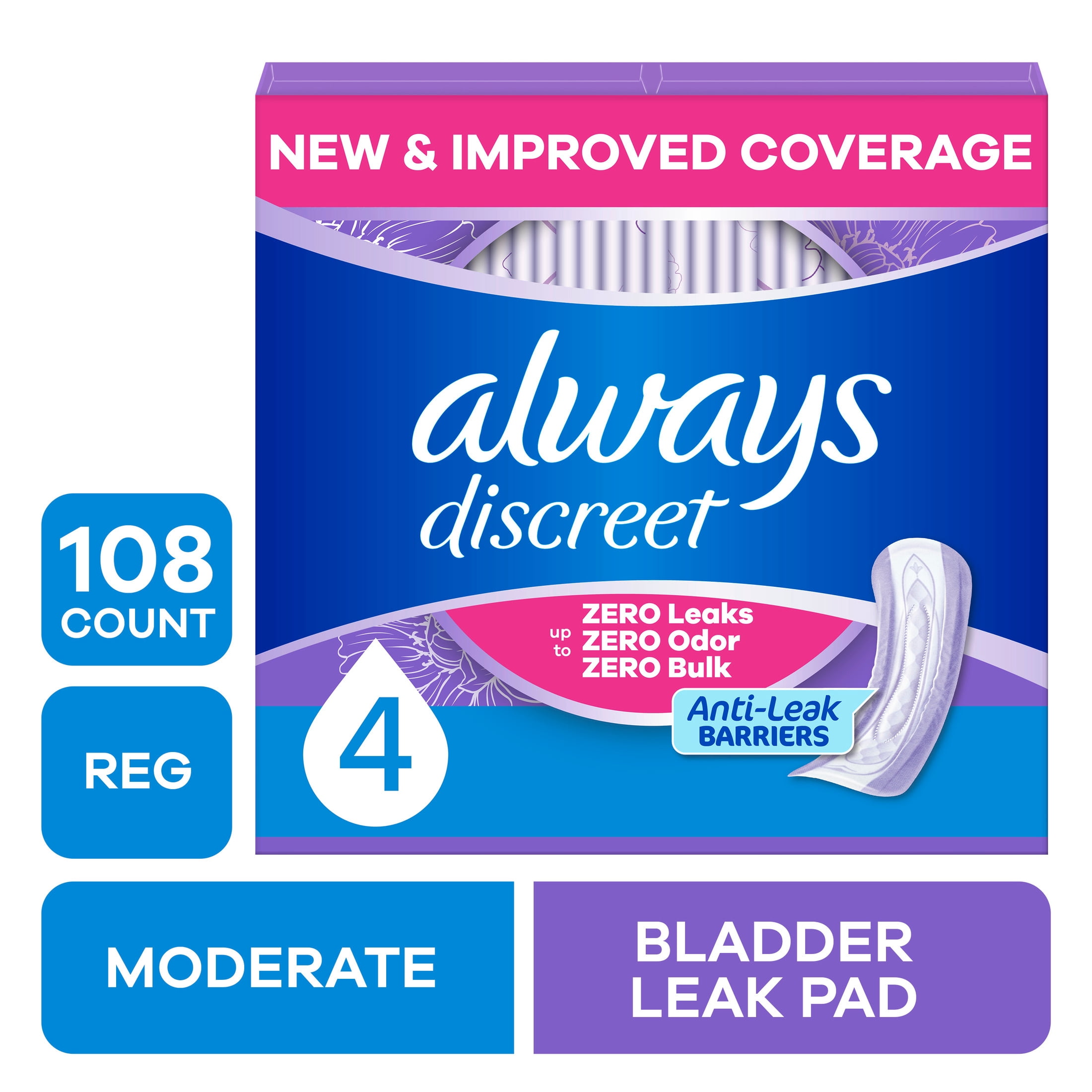 (2 pack) Always Discreet Pads, Moderate Absorbency, Regular, 108 Count