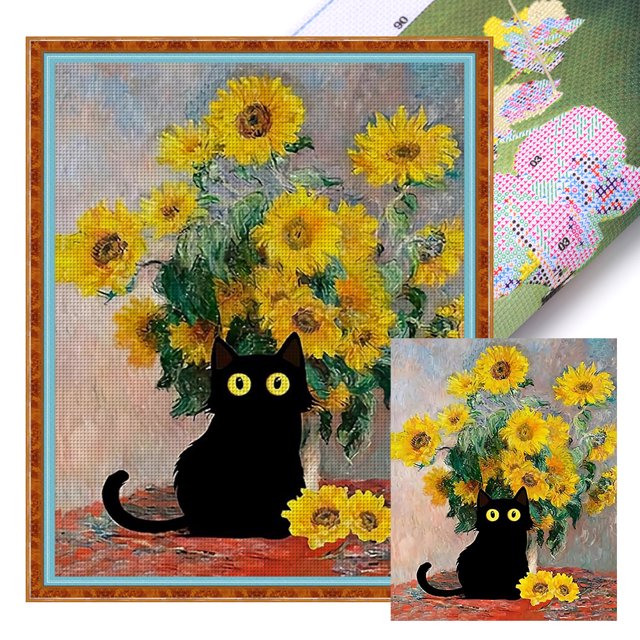 Kit Punto Cruz Gato Impreso Hilo Algodón Ecológico Bordado Arte 40x50cm 11CT