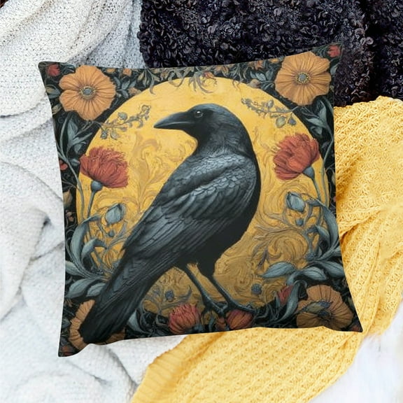 Creowell Mystical Raven Art Print Decor Abstract Vintage Floral Velvet Throw Pillow Covers Home Decor Art Nouveau Pillowcase Cushion Cover for Bed Sofa Living Room 18x18in
