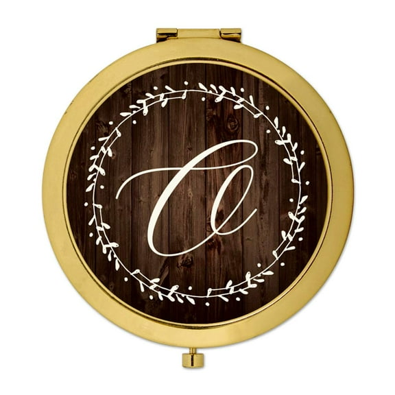 Koyal Wholesale Gold Compact Mirror Bridesmaid's Wedding Gift, Rustic Wood with Laurels, Monogram Letter O, 1-Pack