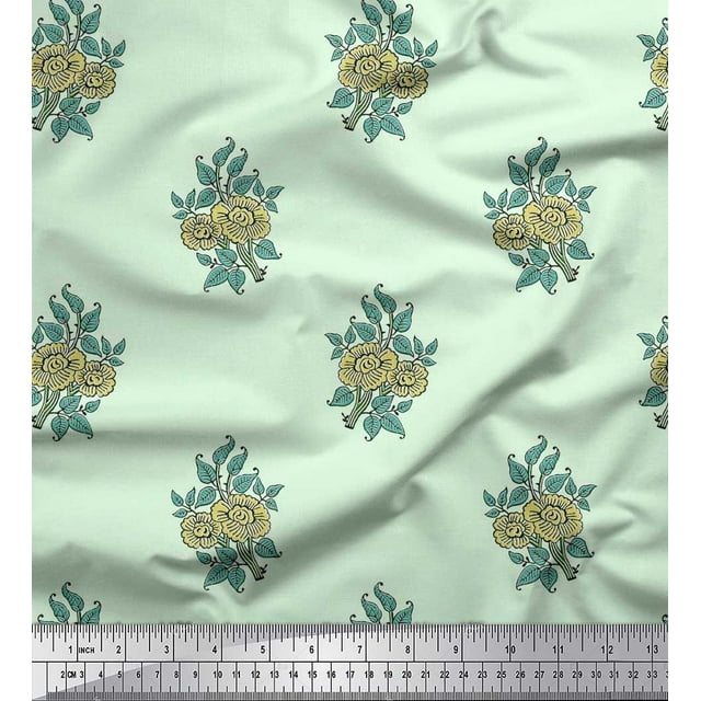 Soimoi Rayon Fabric Leaves & Floral Block Print Fabric by The Yard 42 Inch Wide
