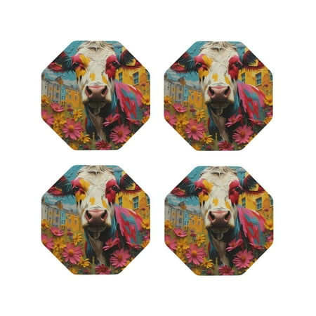 

Tebeau Yellow Daisy Cow Print Set of 4 Leather Drink Coasters Round Cup Mat Pad for Home and Kitchen Use 4 -Octagon