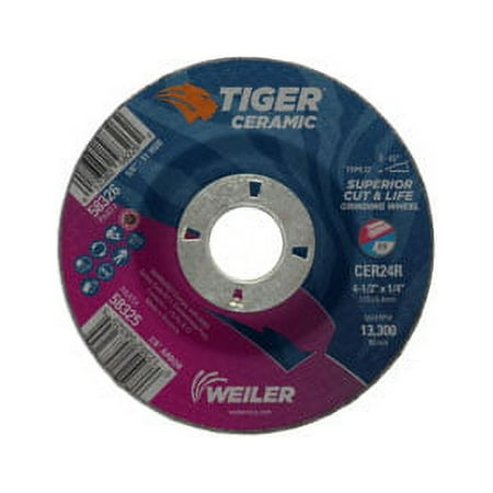UPC: 0012382583255 | Weiler Tiger Ceramic Grinding Wheels  4.5 in Dia  1/4 in Thick  7/8 in Arbor 10/bx – 10 BX (804-58325)