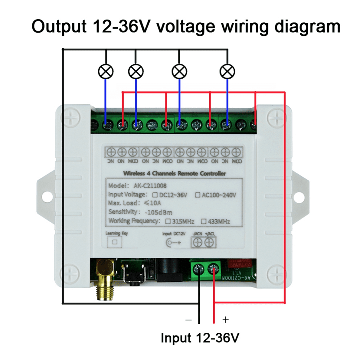 DC12V 24V 36V 4CH Wireless Remote Control LED Light Switch Relay Output Radio Waterproof Transmitter 433MHz Receiver