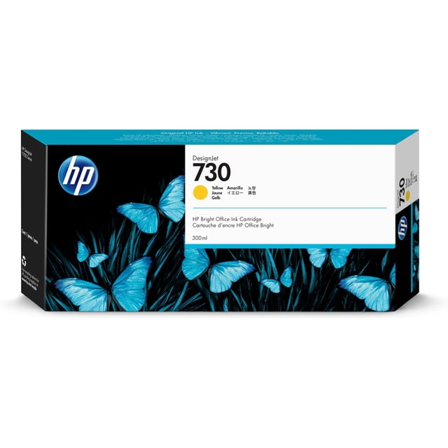 hp cartucho de tinta designjet 730 de 300 ml, amarillo hp p2v70a Caja rectangular frontal con mariposas azules sobre fondo negro; etiqueta blanca muestra "DesignJet 730" y un punto amarillo que indica el color; 300 ml, 1 pieza.