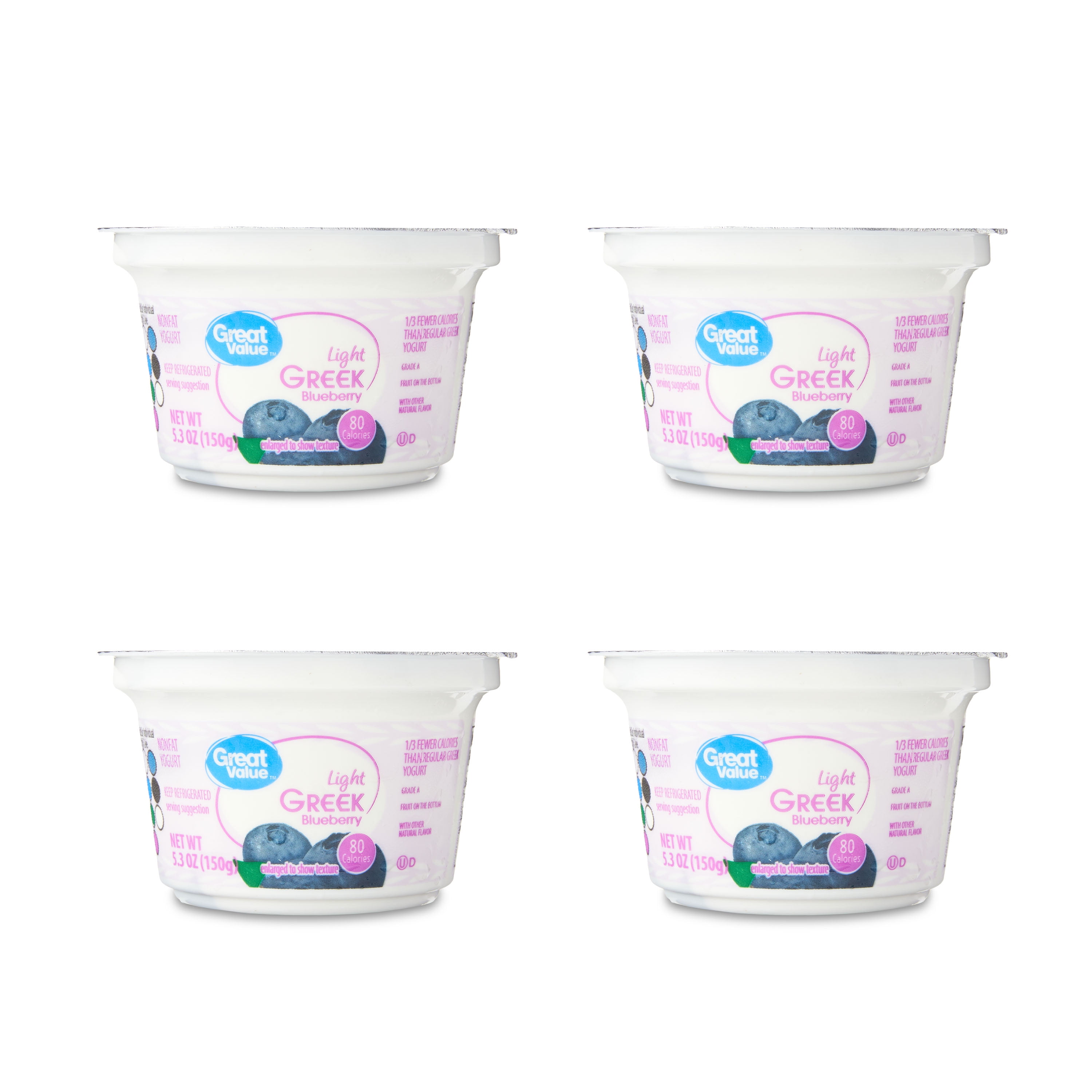 Great Value Light Blueberry Nonfat Greek Yogurt, 5.3 oz Cups, 4 Pack