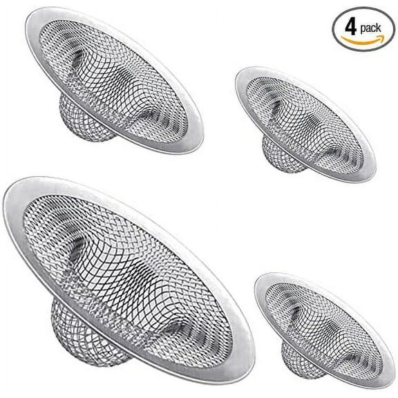 4-Pack Mesh Sink Strainer for Kitchen, Stainless Steel Drain Screen Stoppers for Bathroom, Basket for Bathtub Hair, Wire Filter Drain Catcher (3 Assorted Sizes)