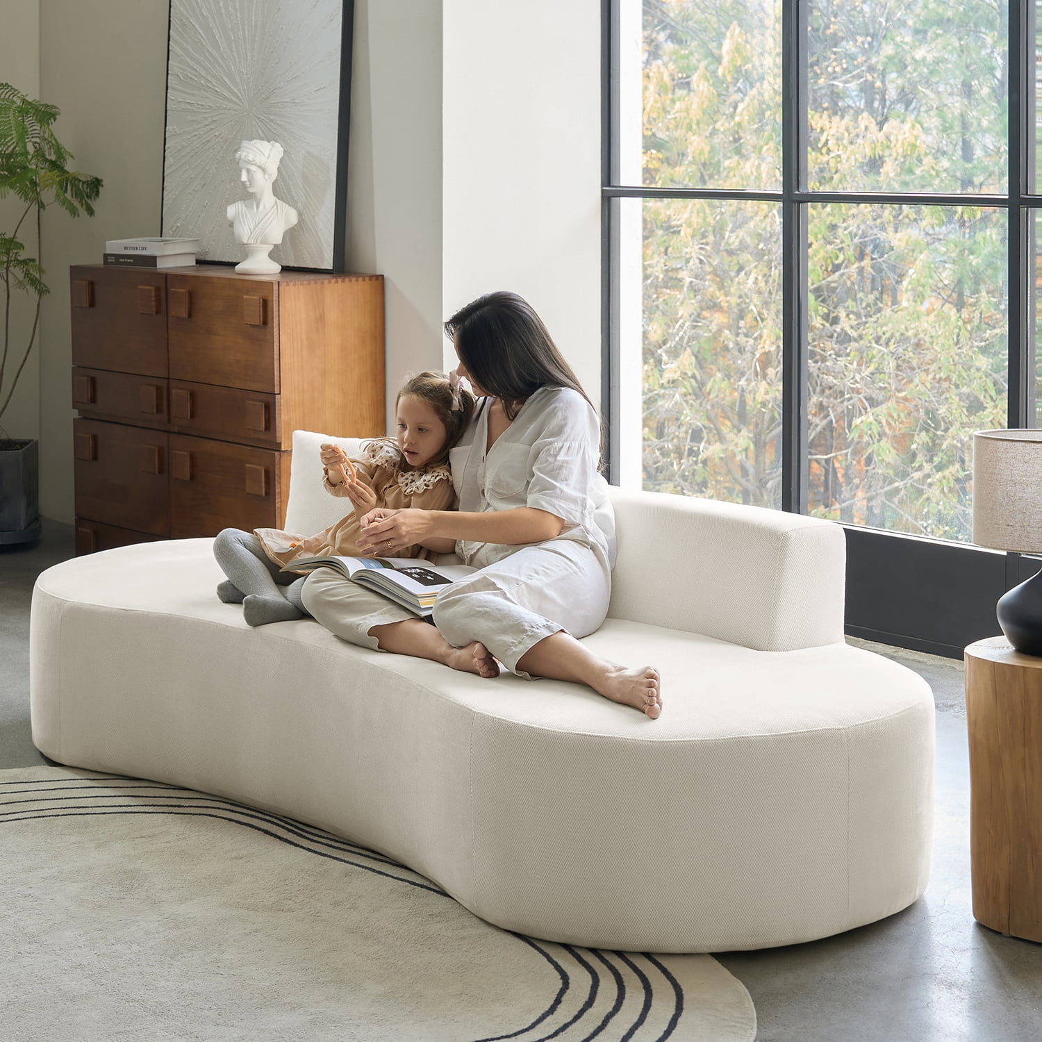 Tina's Home Modern Minimalist 3-Seater Cream Sofa for Adult Living Room Couch with Curved Design No Assembly Required