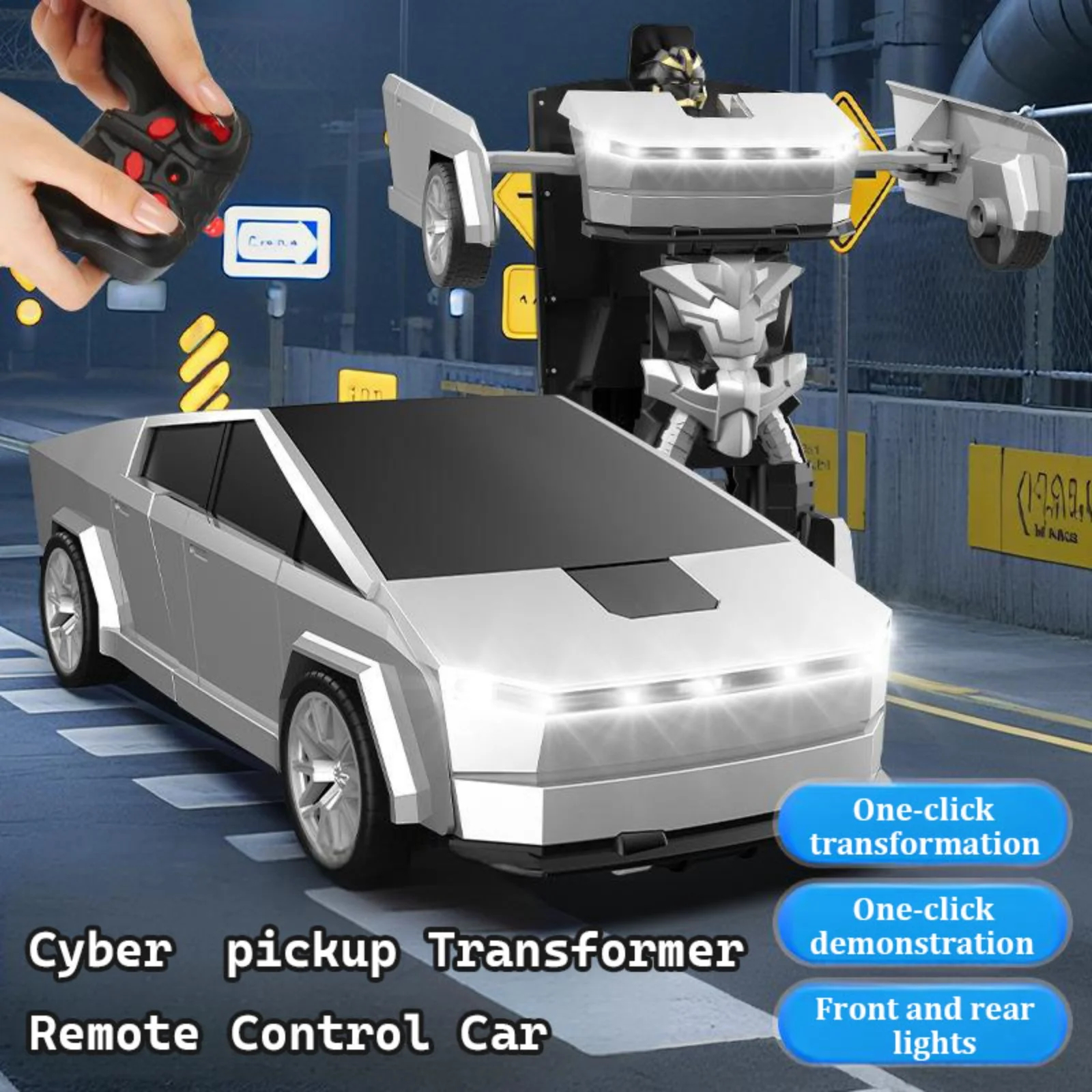 Cyber Truck Robot Car, Funtogether Toys 1:18 Transforming RC Car, One-Click Deformation Cyber Truck for Kid with LED Lights, Stem Gift for Boys