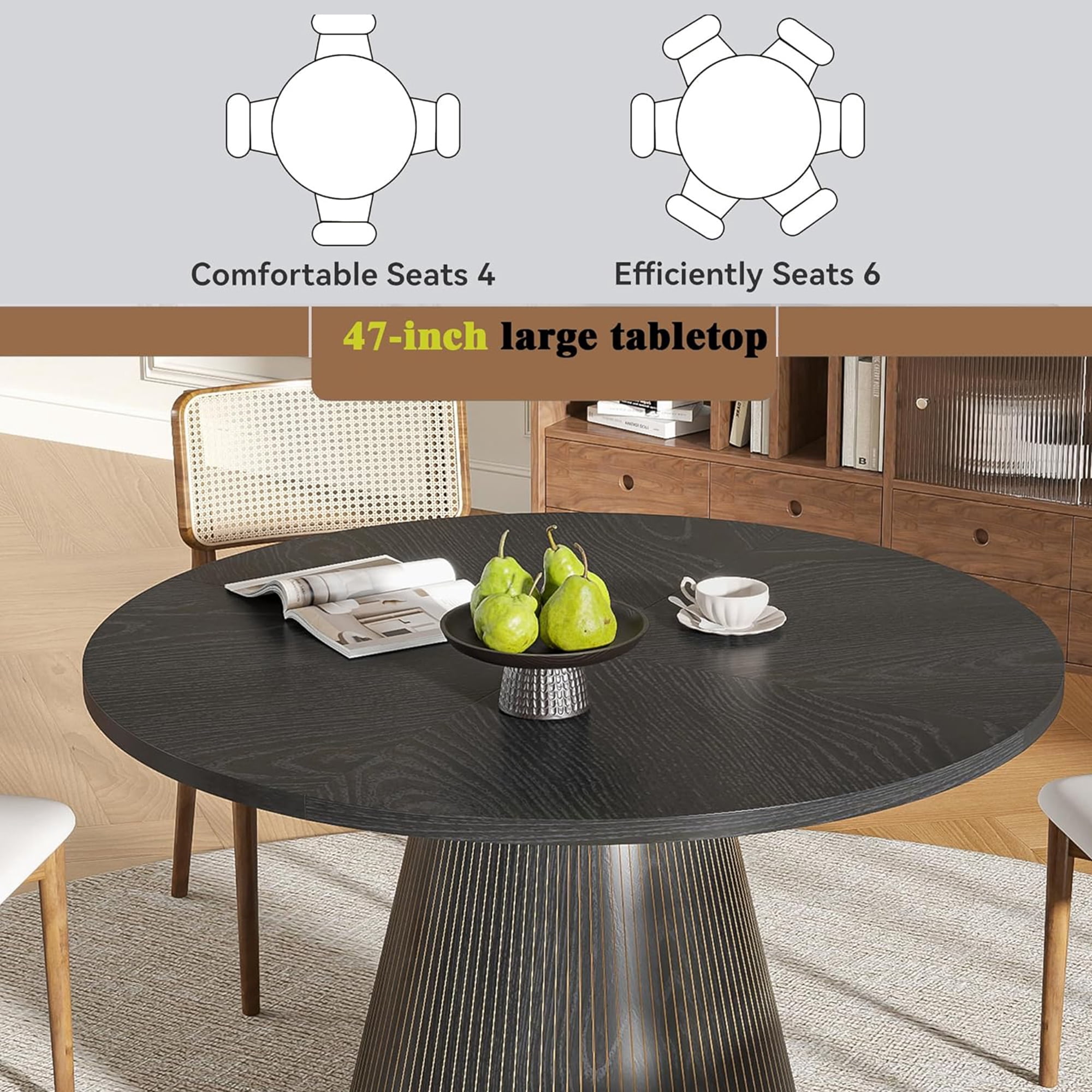 47 inch Round Dining Table for 4, Farmhouse Kitchen Table, Circle Dining Table for Kitchen, Living Room, Black