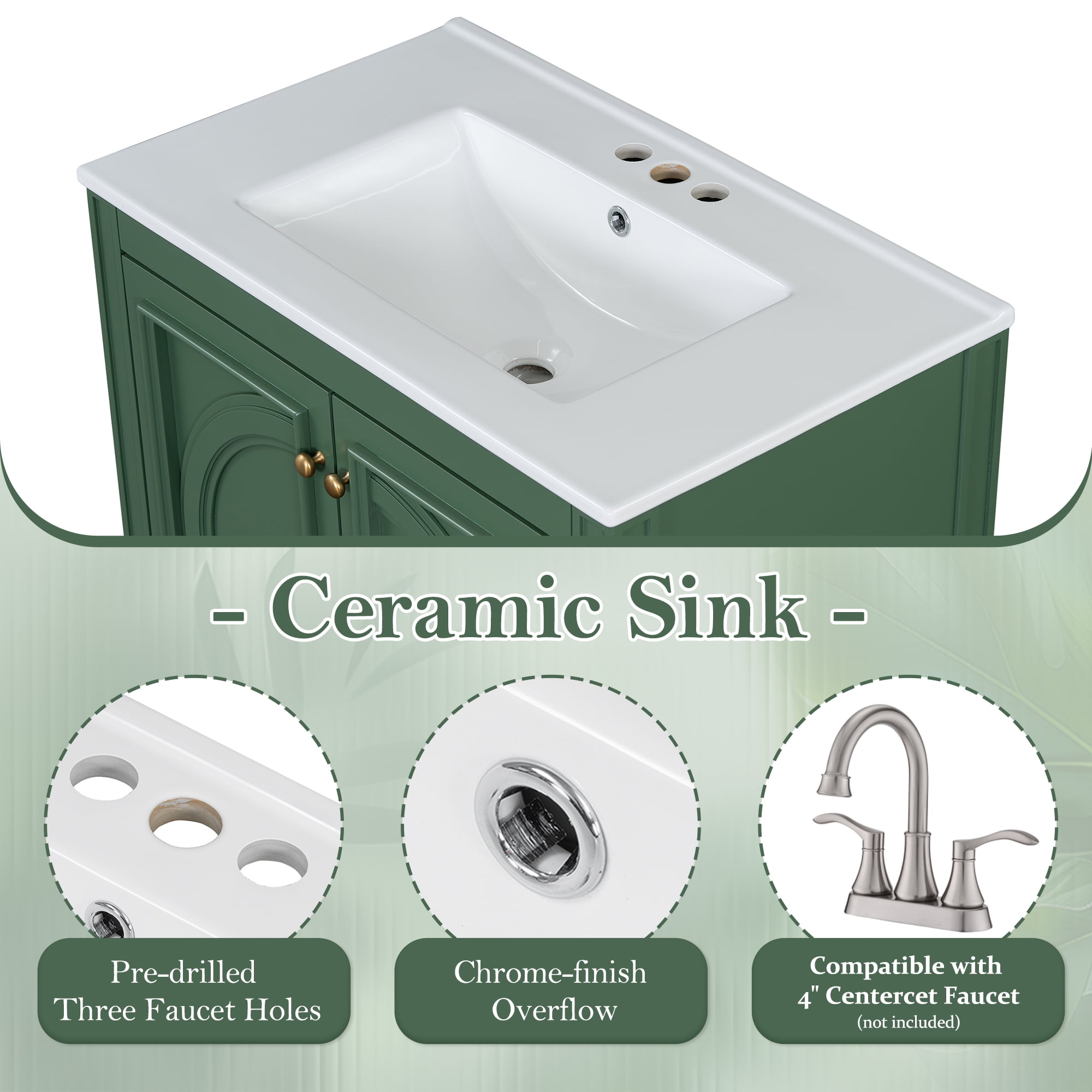 30" Bathroom Vanity with Sink, Two Doors with Shelf, Soft Close Door Hinges, Vintage Style, Green