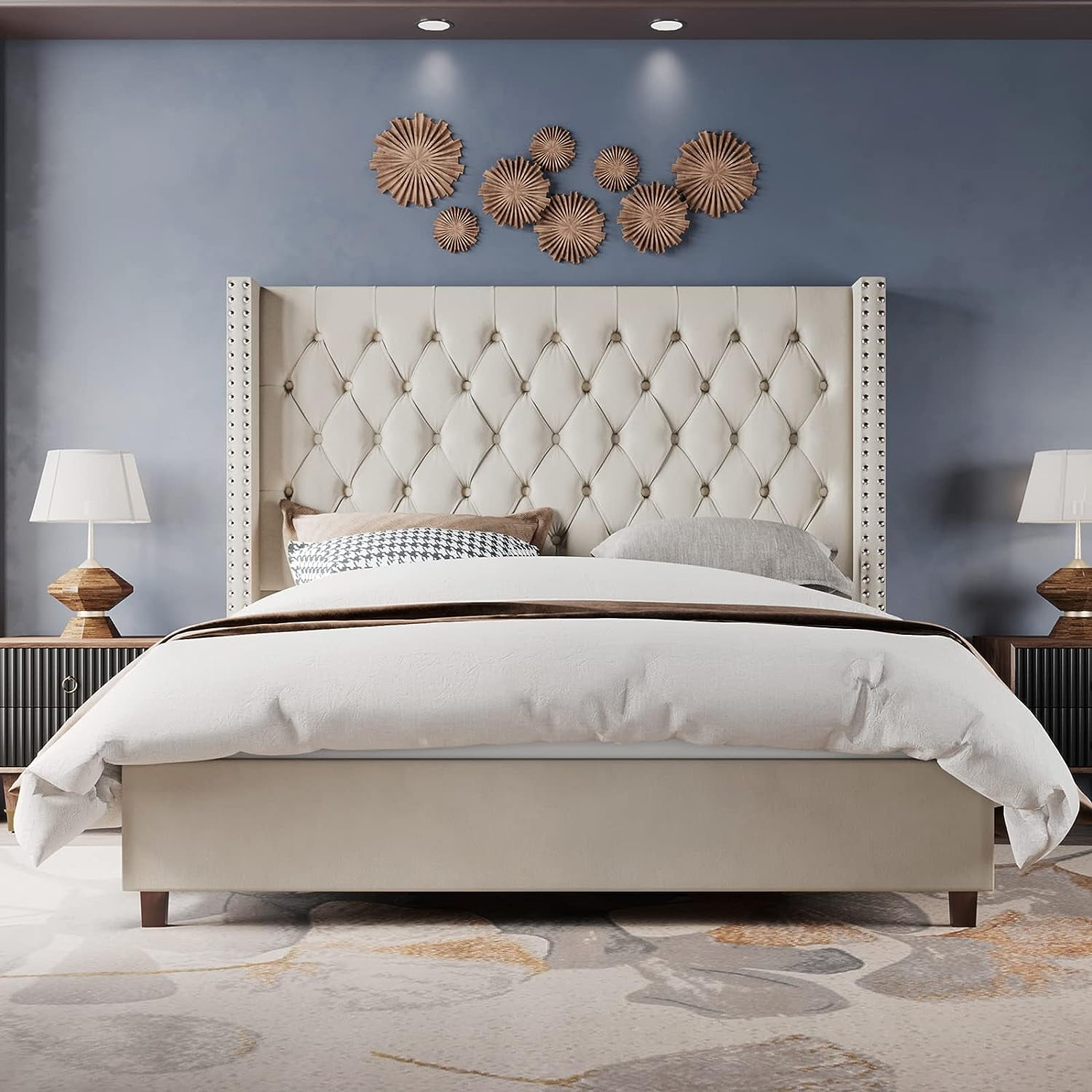 Merluxy King Bed Frame 61.4" Tall Headbord with Deep Button Tufting and Velvet Upholstered,Cream