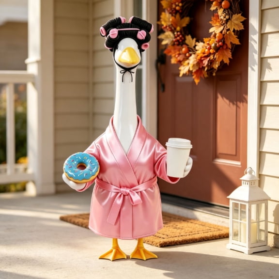 Lady Porch Goose Outfit for 17'' Cement Plastic Lawn Goose Statue Clothes Pink Bathrobe Coffee Cup Curlers for Outdoor Garden Yard Patio Decoration