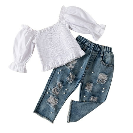 

Fsqjgq Size 7 Girls Outfits Denim Hole 2Pcs Set Years Outfits Pants 16 Jeans Toddler Kids Shirt Off 1/2 Sleeve Girls T Shoulder Tops Long Girls Outfits&Set Fashion Girls 14 16 Cotton White 90